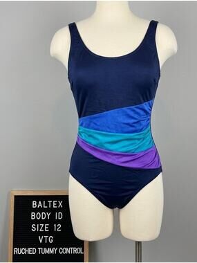 Vtg Baltex Body ID One Piece Swimsuit 12 Colorblock Ruched Tummy Control Navy